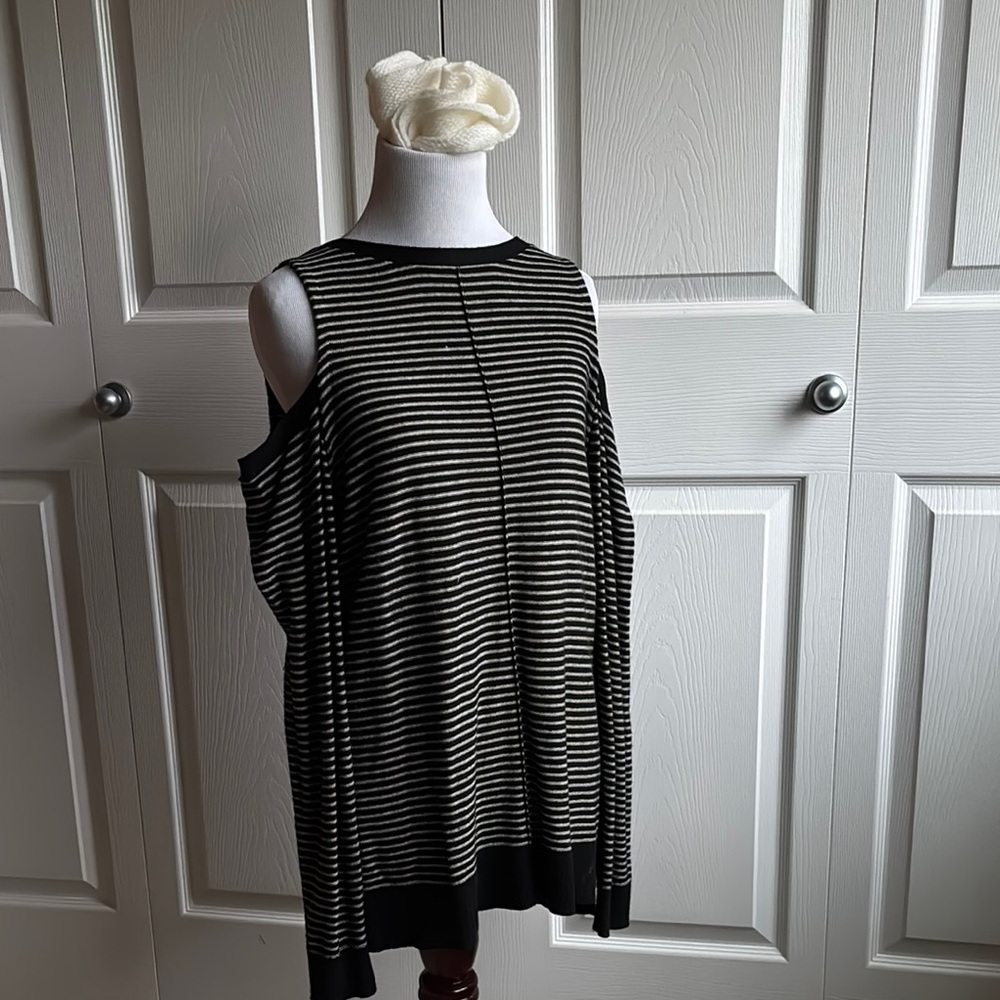 Black and White Striped Peek A Boo Shoulder Sweater